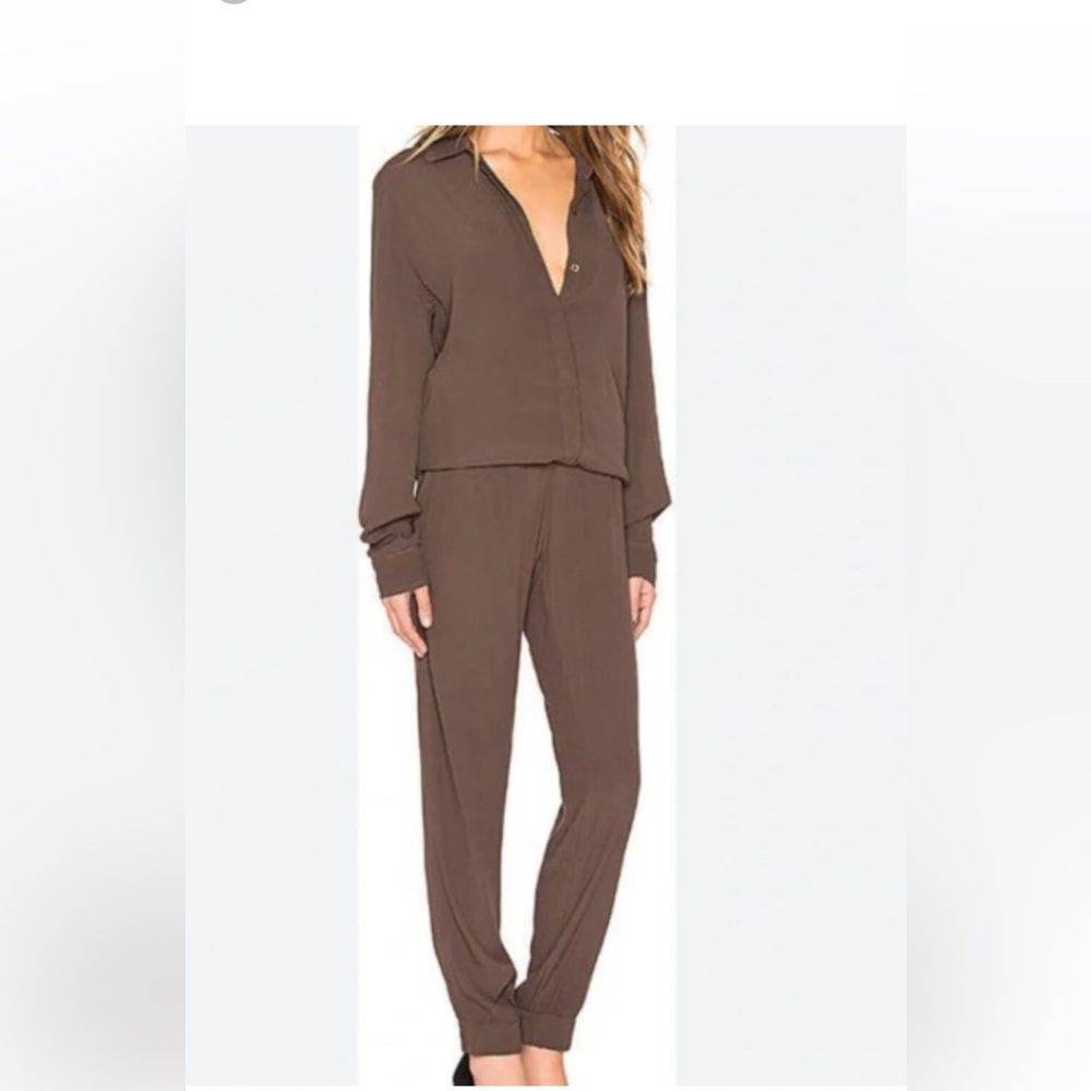 Monrow Dark Brown Lightweight Button-Front jogger jumpsuit